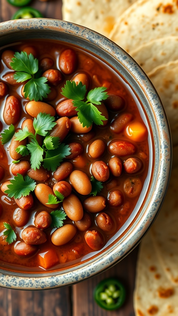 A bowl of spicy zesty pinto beans garnished with cilantro, warm tortillas on the side.